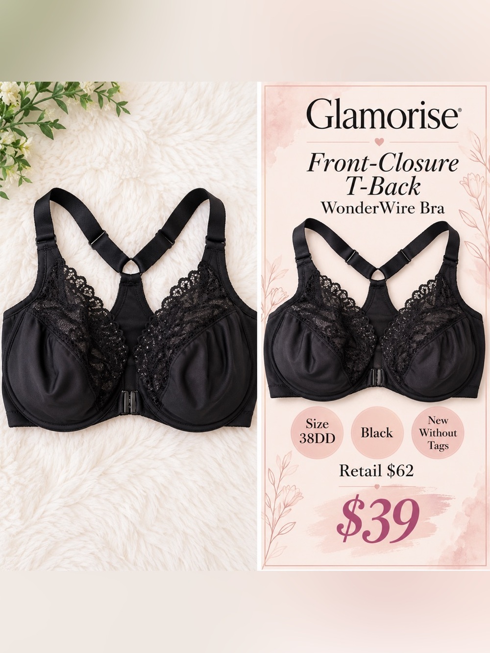 Primark Black Front-Closure Lace T-Back Bra